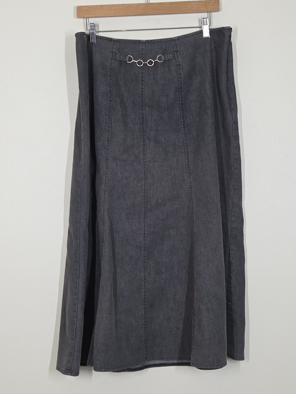 Vtg 90s Y2K Charcoal Denim Jean Midi Skirt 34" Grunge Boho Festival Flowy A-Line